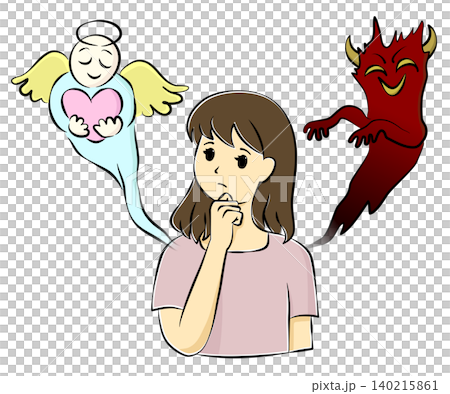 迷って悩む若い女性と、左右に現れた天使と悪魔のイメージイラスト 140215861