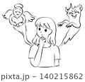 迷って悩む若い女性と、左右に現れた天使と悪魔の線画イメージイラスト 140215862