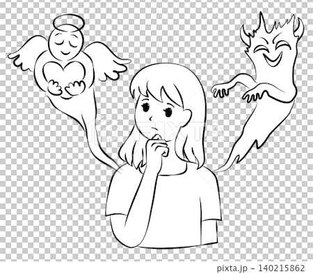 一幅線條畫插圖,描繪了一位迷路且憂心忡忡的年輕女子,天使和惡魔分別出現在她的兩側。 一幅線條畫插圖,描繪了一位迷路且憂心忡忡的年輕女子,天使和惡魔分別出現在她的兩側。 140215862