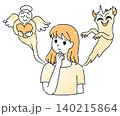 迷って悩む若い女性と、左右に現れた天使と悪魔のシンプルなイメージイラスト 140215864