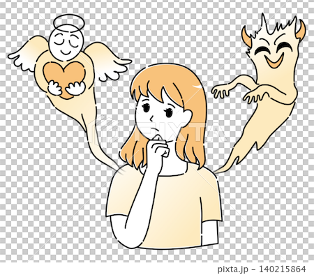 A simple image illustration of a young woman who is lost and troubled, with an angel and a demon appearing on either side. A simple image illustration of a young woman who is lost and troubled, with an angel and a demon appearing on either side. 140215864