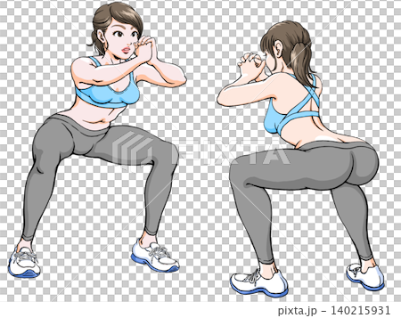 Young woman doing squats_mirror_forward and backward Young woman doing squats_mirror_forward and backward 140215931