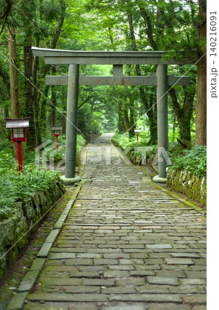 大神山神社奥宮へと続く新緑の美しい自然石の石畳参道と厳かに佇む鳥居(鳥取県大山町) 大神山神社奥宮へと続く新緑の美しい自然石の石畳参道と厳かに佇む鳥居(鳥取県大山町) 140216091