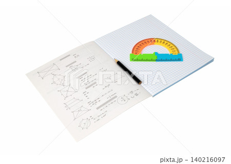 open notebook for geometry with a protractor and a pencil open notebook for geometry with a protractor and a pencil 140216097