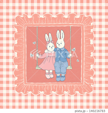 蝶々に囲まれたブランコに仲良く座る2匹の愛らしいイースターバニーを描いた、魅力的なヴィンテージスタイ 140216783