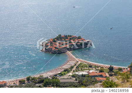 Mountain viewpoint over Sveti Stefan island resort and Adriatic Sea, Montenegro 140216956