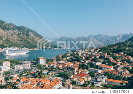 Panoramic view of Kotor Bay with cruise ship and mountain landscape, Montenegro Panoramic view of Kotor Bay with cruise ship and mountain landscape, Montenegro 140217091