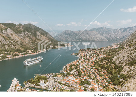 Panoramic view of Kotor Bay with cruise ships and mountains, Montenegro 140217099