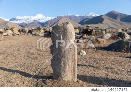 Ancient stone petroglyph site near Cholpon-Ata with Tien Shan mountains 140217171
