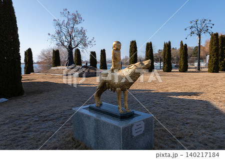 Golden statue at Rukh Ordo cultural complex on the shore of Issyk-Kul Lake 140217184