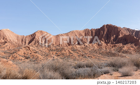Mars Canyon red sandstone cliffs and desert shrubs under clear blue sky Mars Canyon red sandstone cliffs and desert shrubs under clear blue sky 140217203