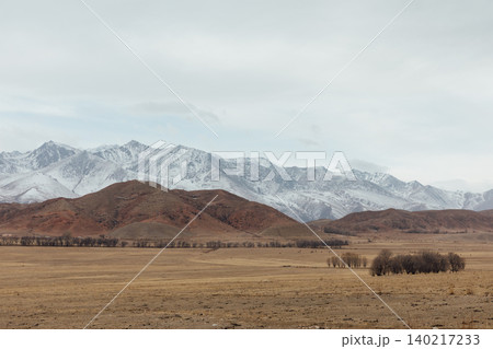 Wide steppe valley with snowy Tien Shan mountains under cloudy sky in Kyrgyzstan Wide steppe valley with snowy Tien Shan mountains under cloudy sky in Kyrgyzstan 140217233