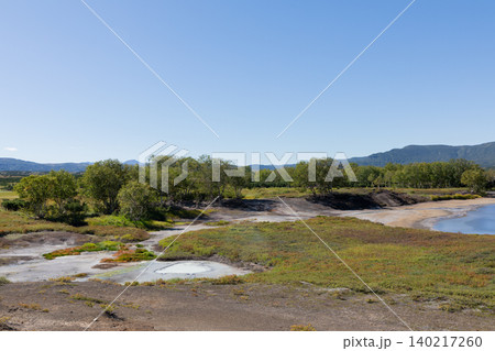 Uzon Volcano caldera geothermal landscape with hot springs and tundra, Kamchatka Uzon Volcano caldera geothermal landscape with hot springs and tundra, Kamchatka 140217260