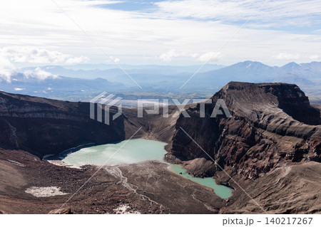 Gorely Volcano crater lake and volcanic landscape panorama, Kamchatka 140217267