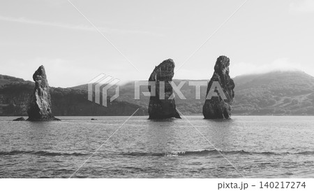 Sea stacks Three Brothers rocks in Avacha Bay near Petropavlovsk-Kamchatsky 140217274