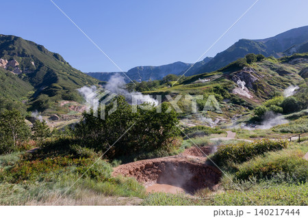Geothermal steam vents and hot springs in Valley of Geysers, Kamchatka landscape Geothermal steam vents and hot springs in Valley of Geysers, Kamchatka landscape 140217444