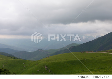 Cloudy mountain landscape near Aktoprak village with green hills, Caucasus 140217452