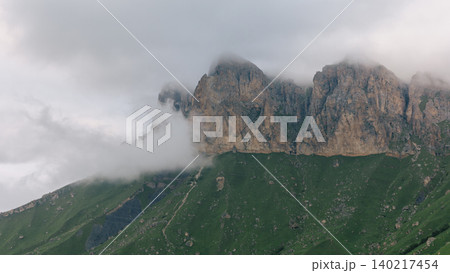 Foggy rocky mountain ridge above Aktoprak village in the Caucasus highlands 140217454