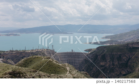 Panoramic view of Chirkey Hydroelectric Power Station dam and reservoir in Dagestan Panoramic view of Chirkey Hydroelectric Power Station dam and reservoir in Dagestan 140217568