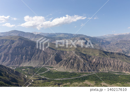 Panoramic view of Matlas plateau mountains and valley landscape under blue sky Panoramic view of Matlas plateau mountains and valley landscape under blue sky 140217610