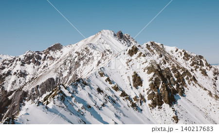 Snowy mountain ridge and rocky peaks near Arshan village in winter landscape Snowy mountain ridge and rocky peaks near Arshan village in winter landscape 140217683