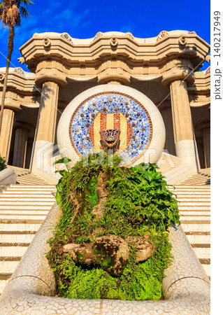 Entrance of Park Guell designed by Antoni Gaudi in Barcelona, Spain Entrance of Park Guell designed by Antoni Gaudi in Barcelona, Spain 140217949