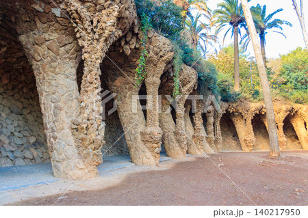 Columns designed by Antoni Gaudi in park Guell in Barcelona, Spain Columns designed by Antoni Gaudi in park Guell in Barcelona, Spain 140217950