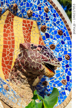 Multicolored mosaic snake of Gaudi in Park Guell, Barcelona, Spain Multicolored mosaic snake of Gaudi in Park Guell, Barcelona, Spain 140217953
