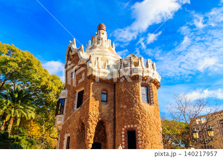 Fairytale gingerbread house in Park Guell designed by Antoni Gaudi in Barcelona, Spain Fairytale gingerbread house in Park Guell designed by Antoni Gaudi in Barcelona, Spain 140217957