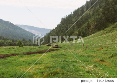 Dirt road to Karakol Lakes through green mountain valley in Altai Republic 140218000