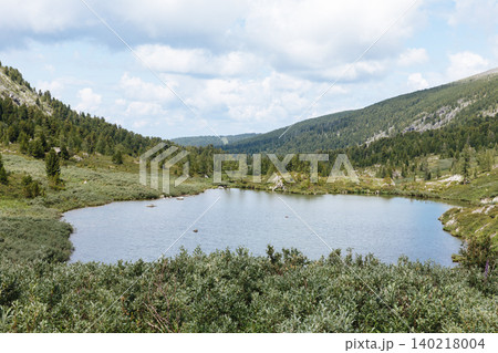 Scenic mountain lake landscape at Karakol Lakes in Altai Mountains, Russia Scenic mountain lake landscape at Karakol Lakes in Altai Mountains, Russia 140218004