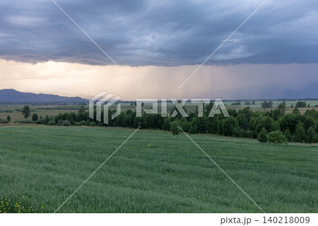 Storm clouds and rain over green fields near Zamul'ta village in Altai Mountains Storm clouds and rain over green fields near Zamul'ta village in Altai Mountains 140218009