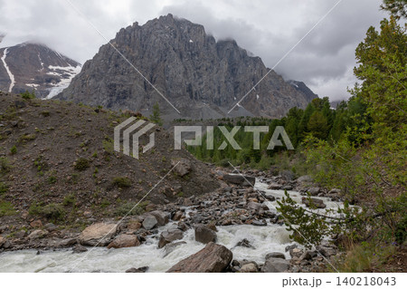 Dramatic mountain landscape with river in Aktru Valley, Altai Mountains Dramatic mountain landscape with river in Aktru Valley, Altai Mountains 140218043