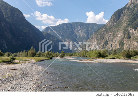 Scenic Chulyshman Valley river landscape with mountains and blue sky, Altai Scenic Chulyshman Valley river landscape with mountains and blue sky, Altai 140218068