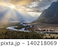Panoramic sunset view of Chulyshman Valley with river and mountains, Altai 140218069