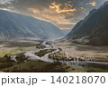 Chulyshman Valley panorama with winding river and mountains at sunset, Altai 140218070