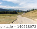 Winding dirt road through Altai mountain valley with pine forest and hills 140218072