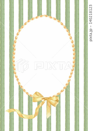 A vertical oval frame with space for text, decorated with yellow beads and a bow on a green striped background, hand-painted in watercolor. Simple cottagecore clip art for design. A vertical oval frame with space for text, decorated with yellow beads and a bow on a green striped background, hand-painted in watercolor. Simple cottagecore clip art for design. 140218123