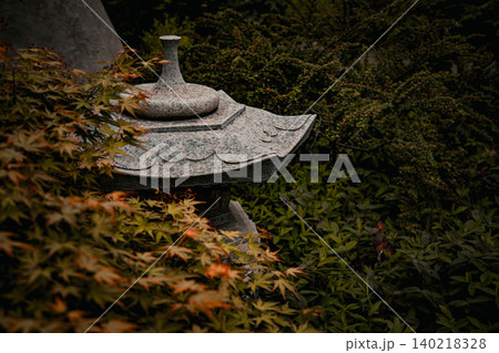 Traditional Stone Lantern Hidden in Lush Japanese Garden Foliage Traditional Stone Lantern Hidden in Lush Japanese Garden Foliage 140218328