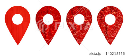 Set of red location map pin gps pointer markers made of crumpled paper isolated on white background Set of red location map pin gps pointer markers made of crumpled paper isolated on white background 140218356