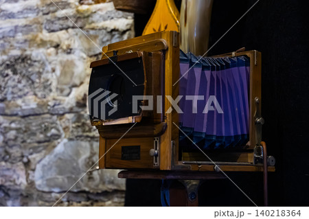 Vintage Large Format Wooden Bellows Camera on Display, Antique Photography Equipment 140218364
