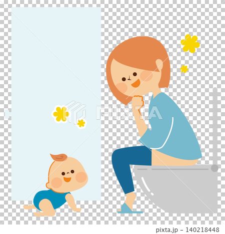 Mom opening the bathroom door to reassure her baby (illustration) Mom opening the bathroom door to reassure her baby (illustration) 140218448