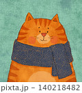 小さなドット模様の入った暖かい青いマフラーに包まれた、かわいらしい手描きのオレンジ色のトラ猫を描いた 140218482