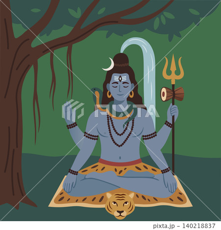 Majestic vector illustration of lord shiva meditating in deep tranquility under a sacred tree, with the divine ganga river flowing gracefully from his hair, artistic spiritual design Majestic vector illustration of lord shiva meditating in deep tranquility under a sacred tree, with the divine ganga river flowing gracefully from his hair, artistic spiritual design 140218837