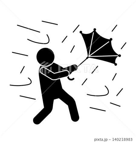 暴風雨の中で傘がめくれてしまっている人物シルエット 140218983