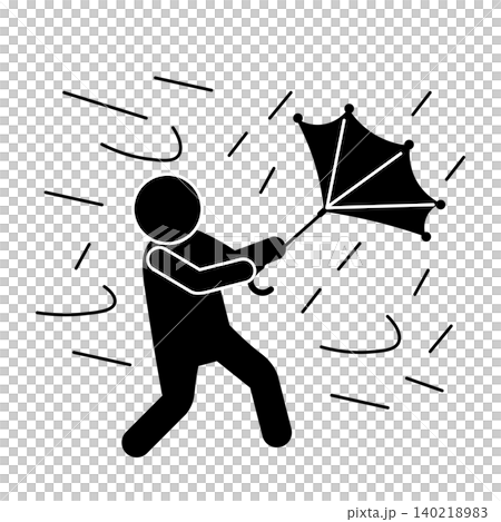 暴風雨の中で傘がめくれてしまっている人物シルエット 140218983