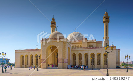 Manama, Bahrain - Jan 15 2024, a panoramic bottom up view of the Al Fateh Grand Mosque, Al Fateh Islamic Center, at daytime with blue sky, Manama, Bahrain  140219277