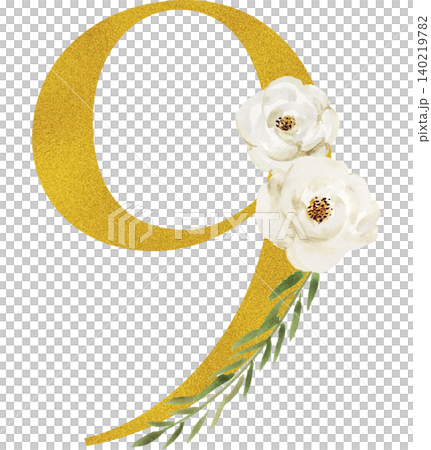 A transparent background illustration featuring the number 9 in gold and white roses. A transparent background illustration featuring the number 9 in gold and white roses. 140219782