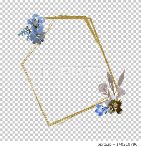 A golden hexagonal frame with watercolor-style blue flowers and leaves. A golden hexagonal frame with watercolor-style blue flowers and leaves. 140219796