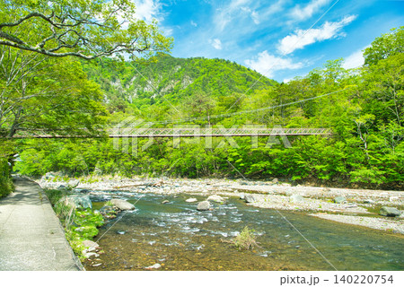 栃木県那須塩原市 塩原温泉に流れる箒川に架かる七ツ岩吊橋 栃木県那須塩原市 塩原温泉に流れる箒川に架かる七ツ岩吊橋 140220754